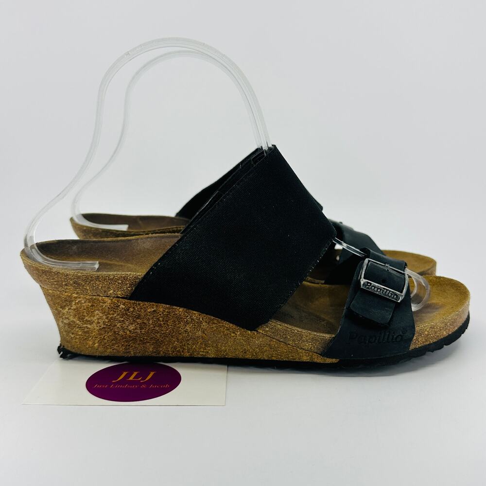 Papillio Birkenstock Women's Della Black Two Strap Wedge Sandals Size 38/ 7 US